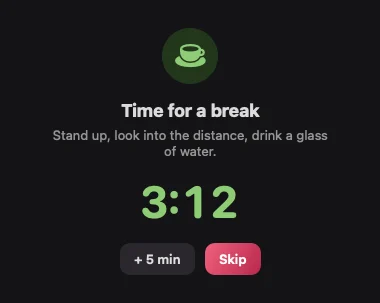 Griotte's break window in dark mode.