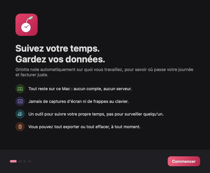 Premier écran d'accueil de Griotte en thème sombre.
