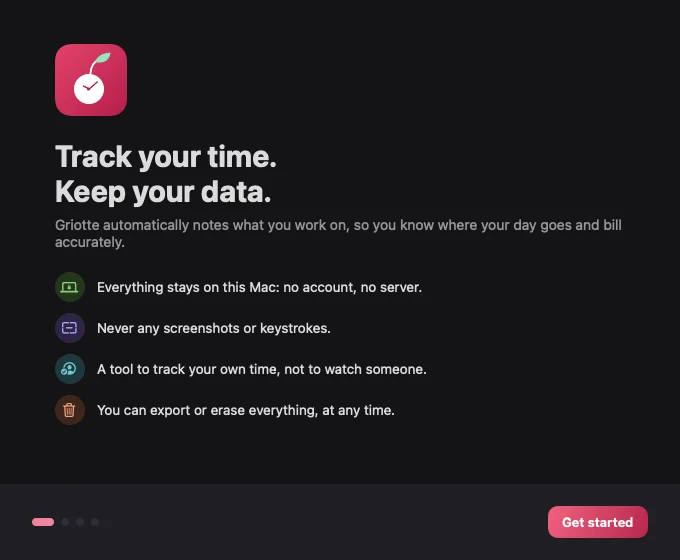 Griotte's first welcome screen in dark mode.