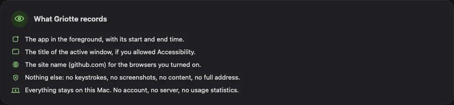 The “What Griotte records” panel in the app's settings.