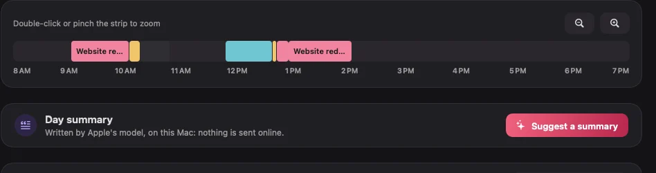 Griotte timeline strip in dark mode, with the Day summary card.